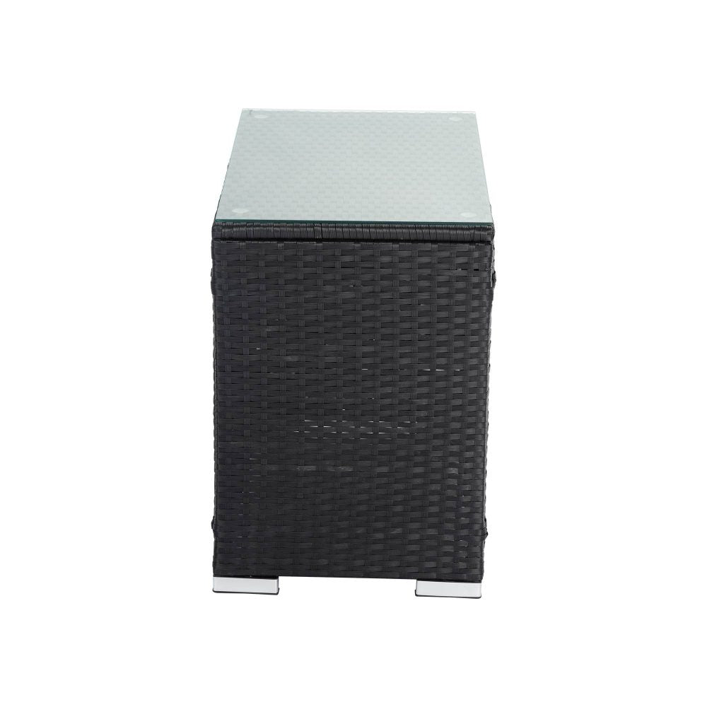 Black wicker end table with rectangular light top and woven front face