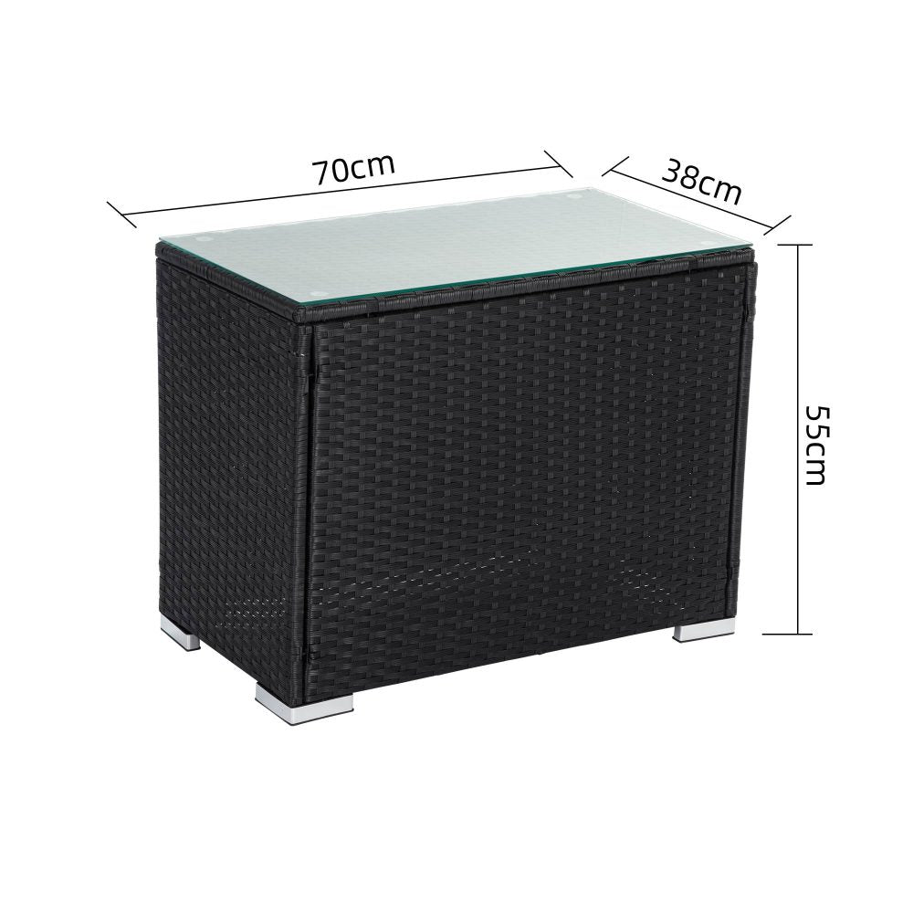 Black wicker end table, 70cm W x 38cm D x 55cm H; woven sides