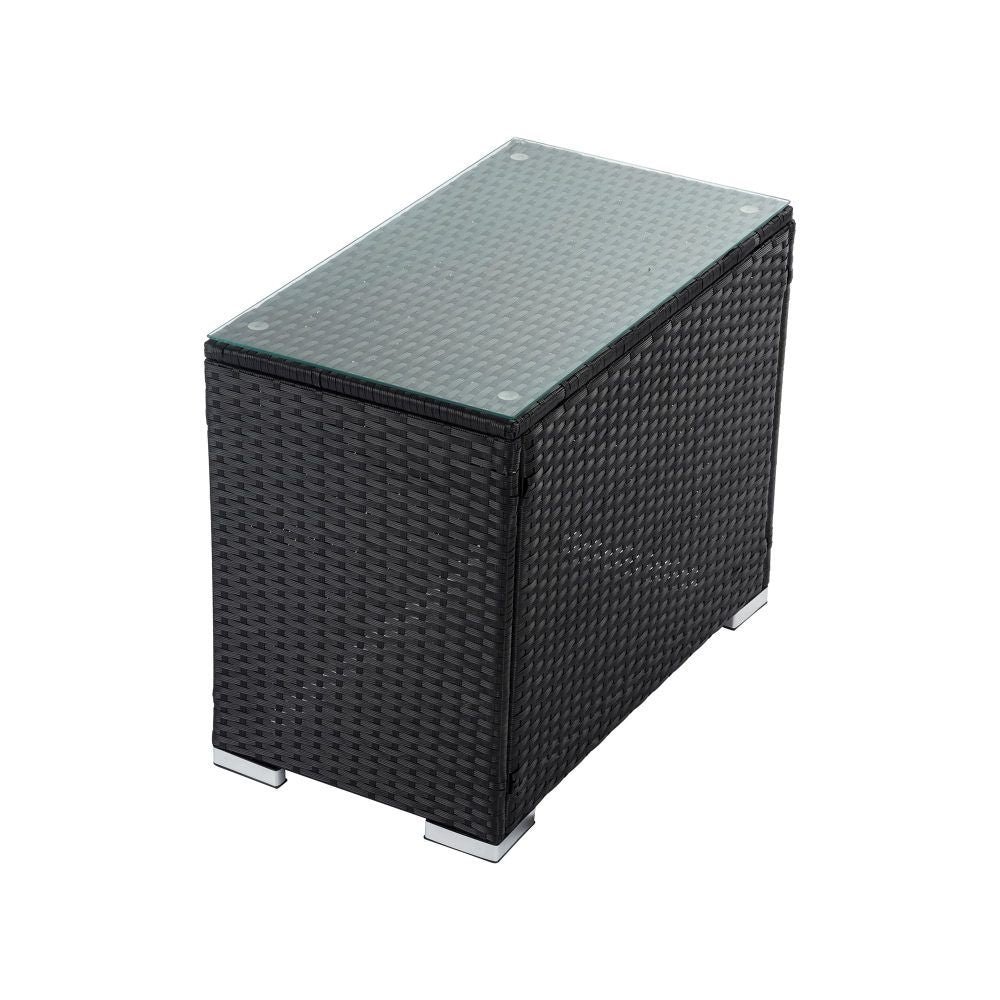 Wicker ottoman coffee table with black woven sides and clear glass top