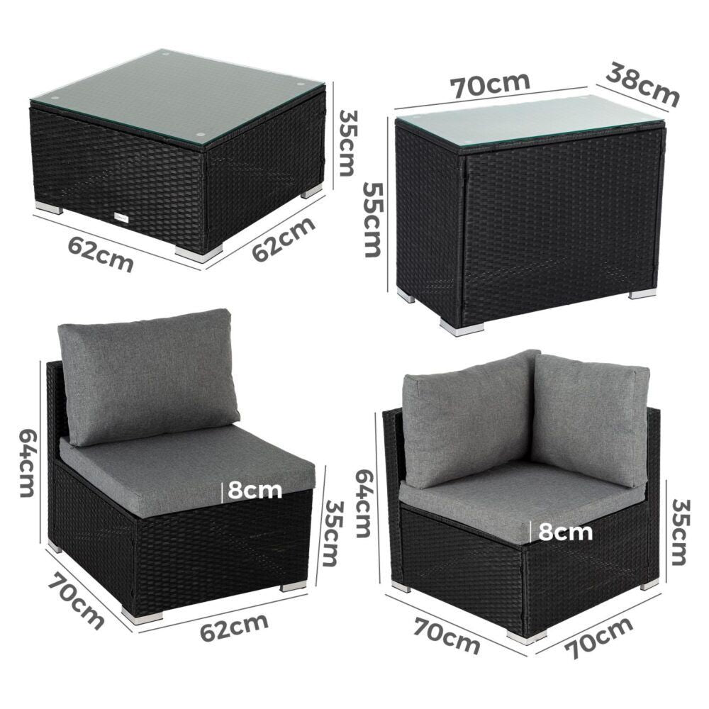 Modular wicker lounge set with matching ottoman and lounge chairs, gray seat cushions