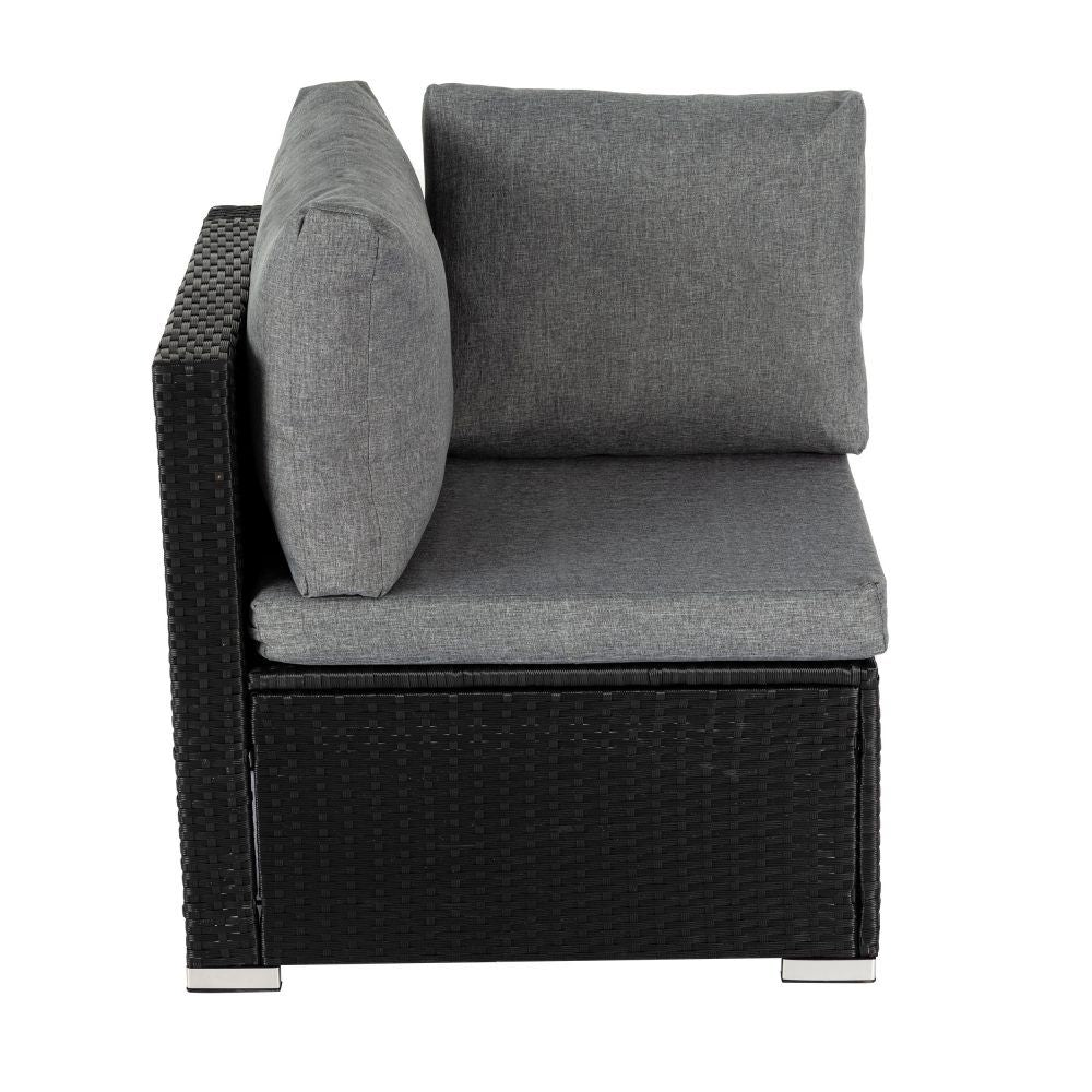 Black wicker side chair with grey seat and back cushions