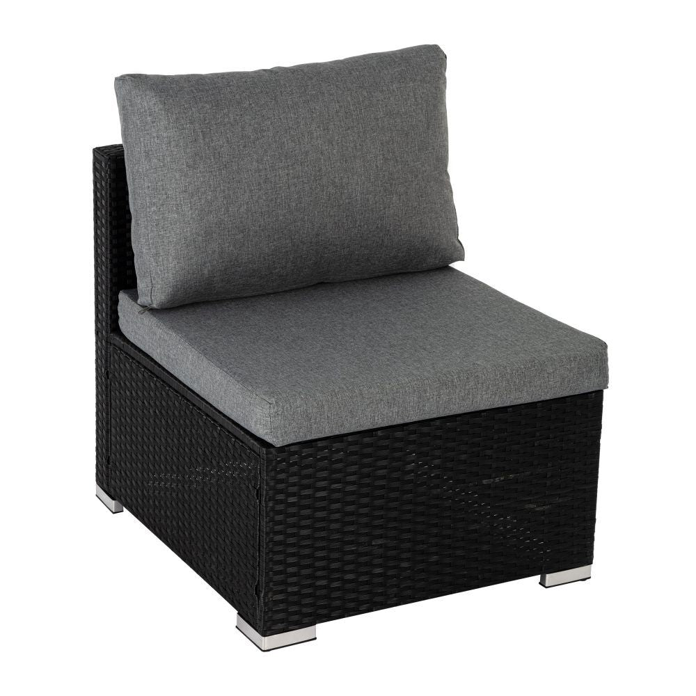 Outdoor wicker loveseat corner with gray seat cushions and storage base, black