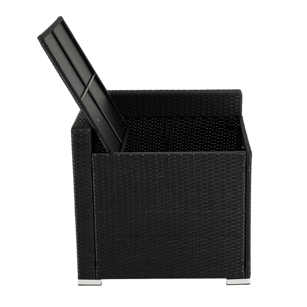 Outdoor wicker loveseat corner storage with lid open, black textured weave