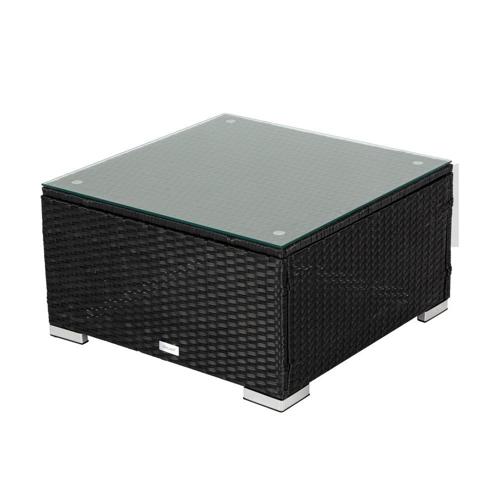 Outdoor wicker loveseat corner storage base with black textured weave and light top