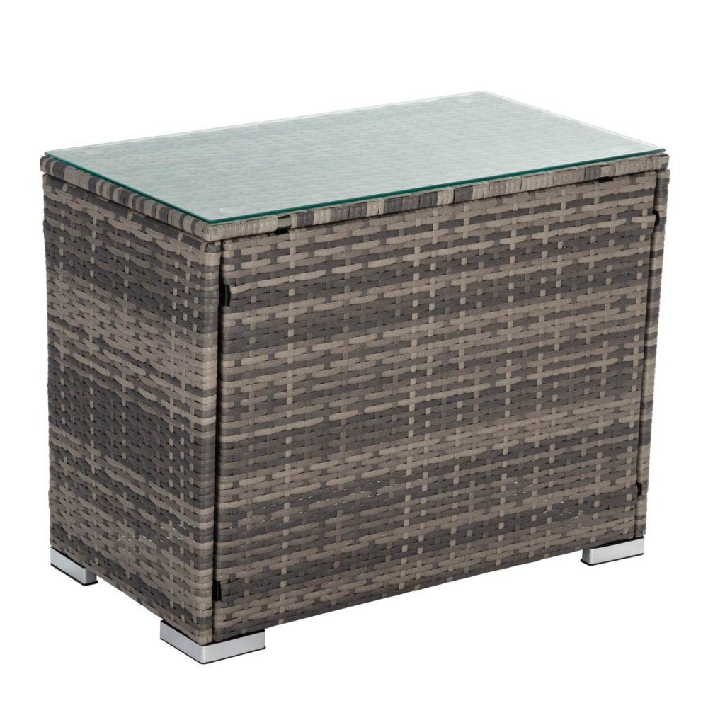 Grey wicker end table with light grey top panel and block-style legs