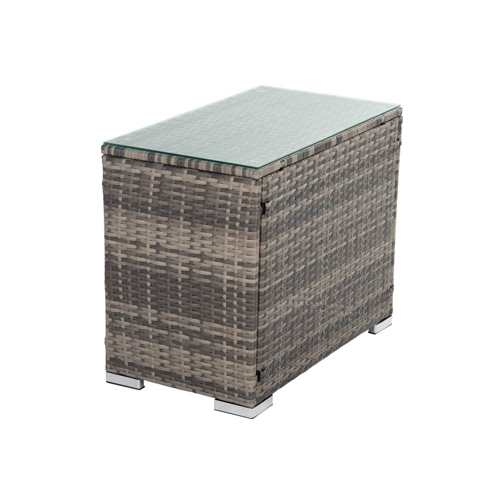 Grey wicker end table with light grey fabric tabletop and square legs