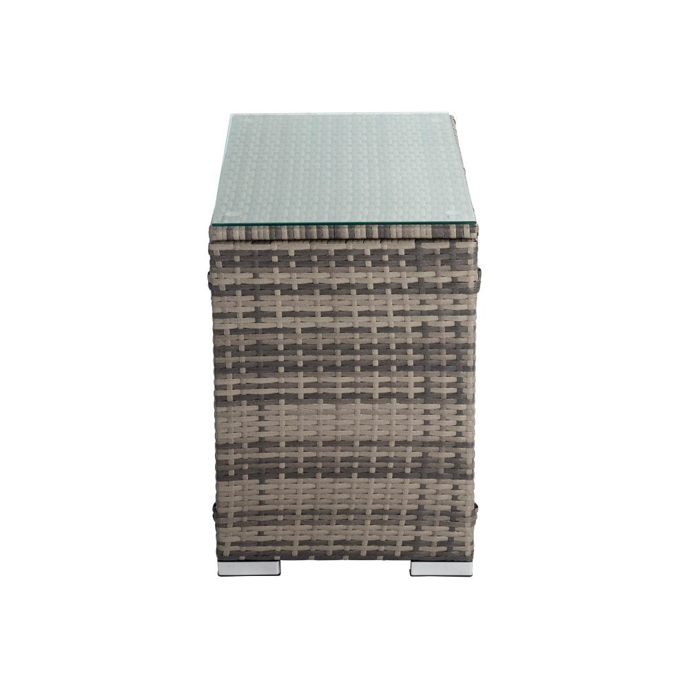 Grey wicker end table with light grey tabletop and metal feet