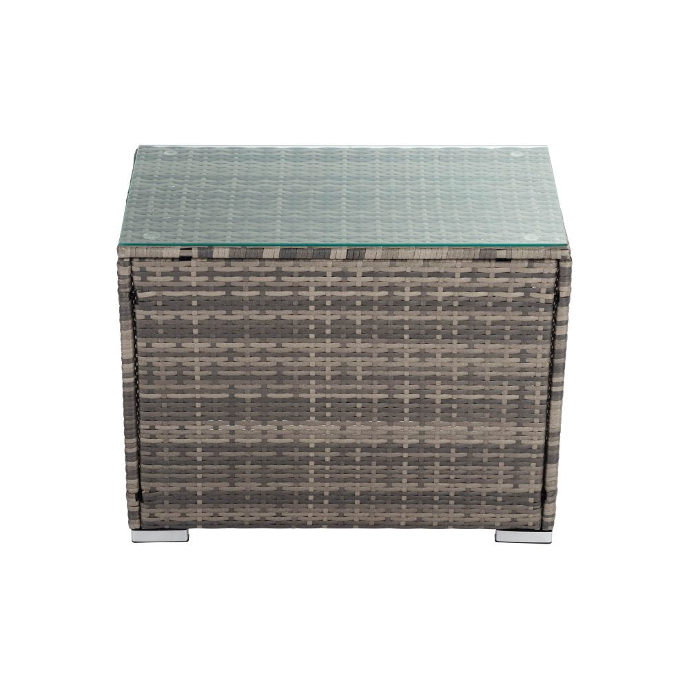 Grey wicker end table with woven sides, light grey top, and corner posts