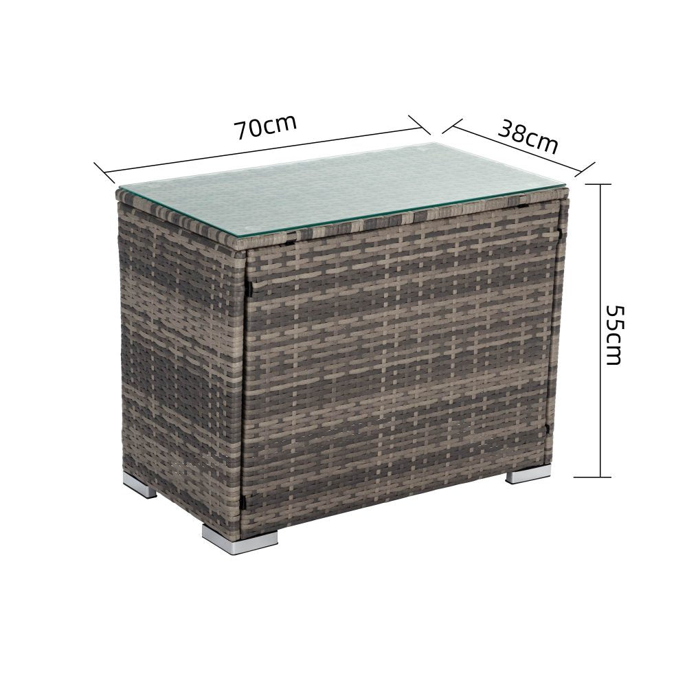 Grey wicker end table, 70x38x55 cm size, light grey tabletop and legs