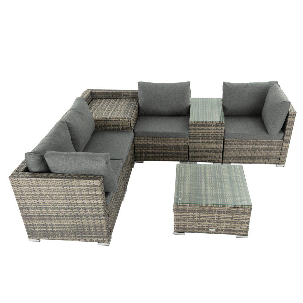 Grey outdoor wicker lounge sectional with corner storage section, armchairs, and square glass-top table