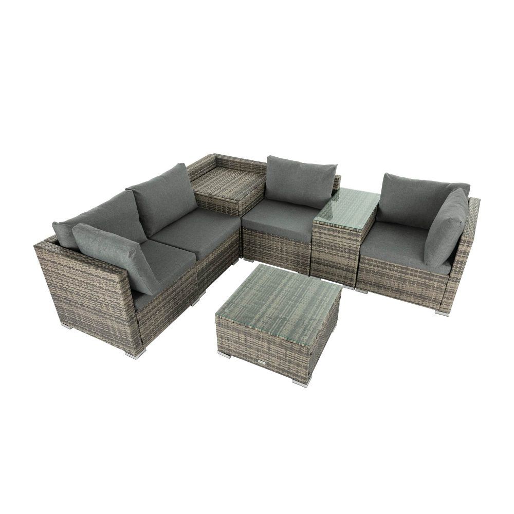 Grey outdoor wicker L-shaped lounge set with cushioned seats and square glass-top coffee table