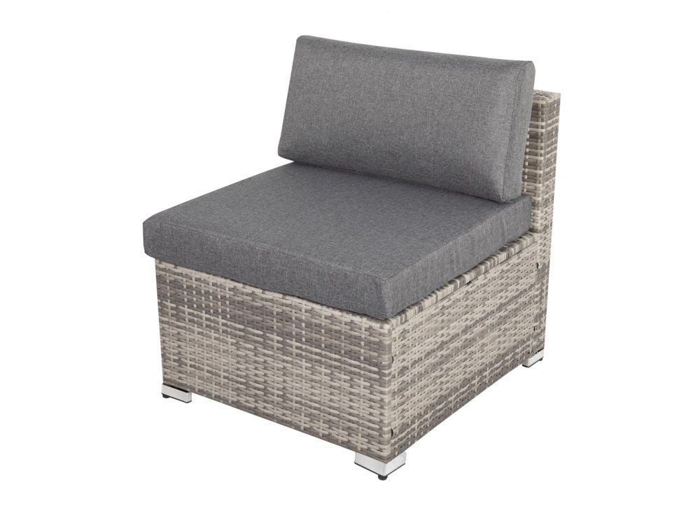 Grey outdoor wicker lounge arm chair with padded seat and single back cushion