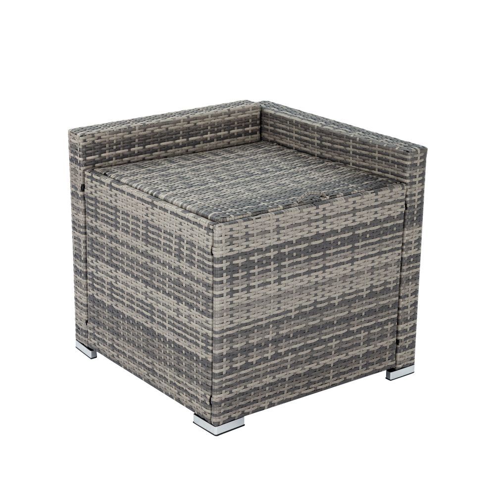 Grey wicker lounge corner with seat and back cushions, raised on short legs