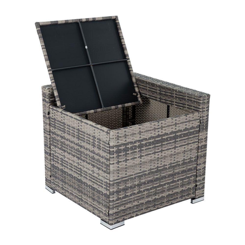 Grey wicker storage corner with open lid, showing dark interior storage compartments