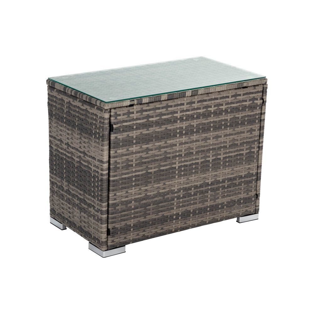 Grey wicker storage corner with top cushion and teal-trim lid, raised on legs