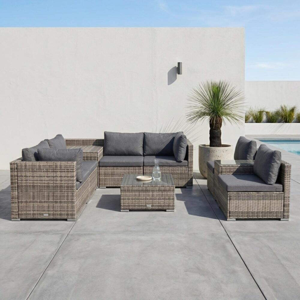 Gray-cushioned outdoor patio seating set with woven-style frames and square coffee table