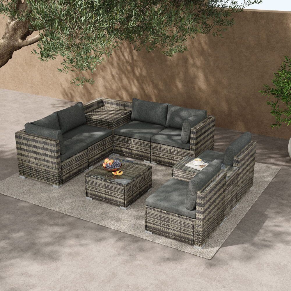 Corner outdoor seating set with gray cushions, woven-style frames, and square coffee table