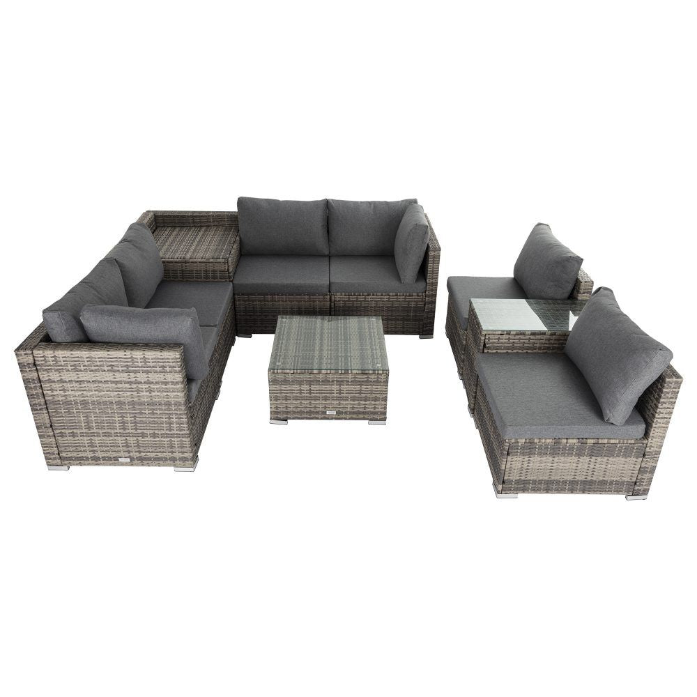 Outdoor seating set with gray cushions: sectional sofa, side chair, and square ottoman