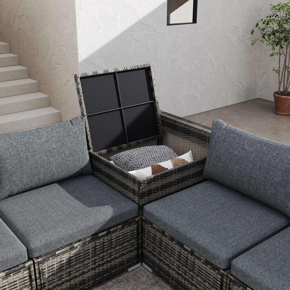 Woven-style outdoor corner sofa with gray cushions and open storage bin