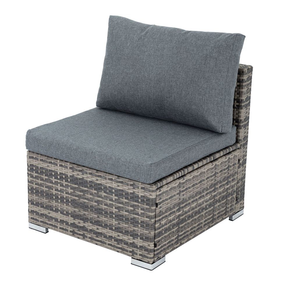 Outdoor loveseat chair with gray fabric cushion and woven rattan-style sides