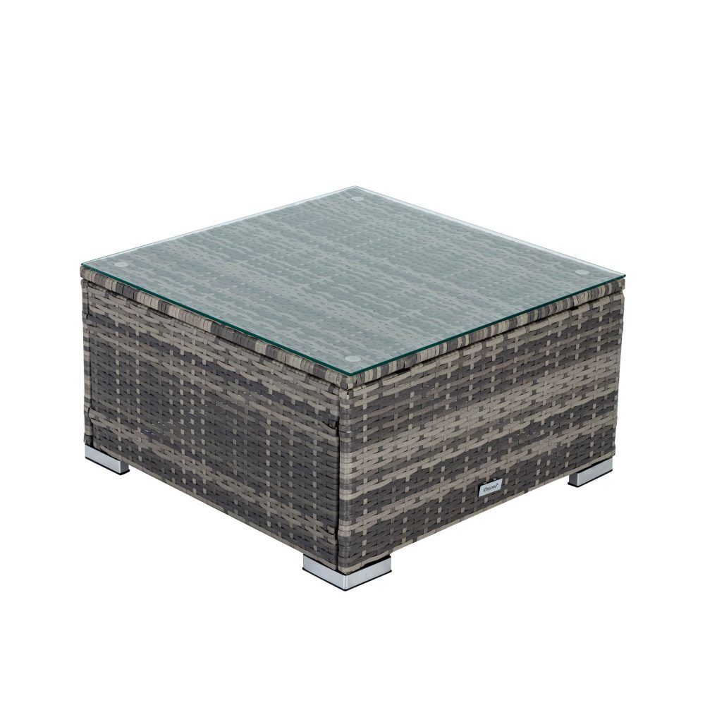 Outdoor square ottoman with light gray fabric top and woven gray rattan-style frame