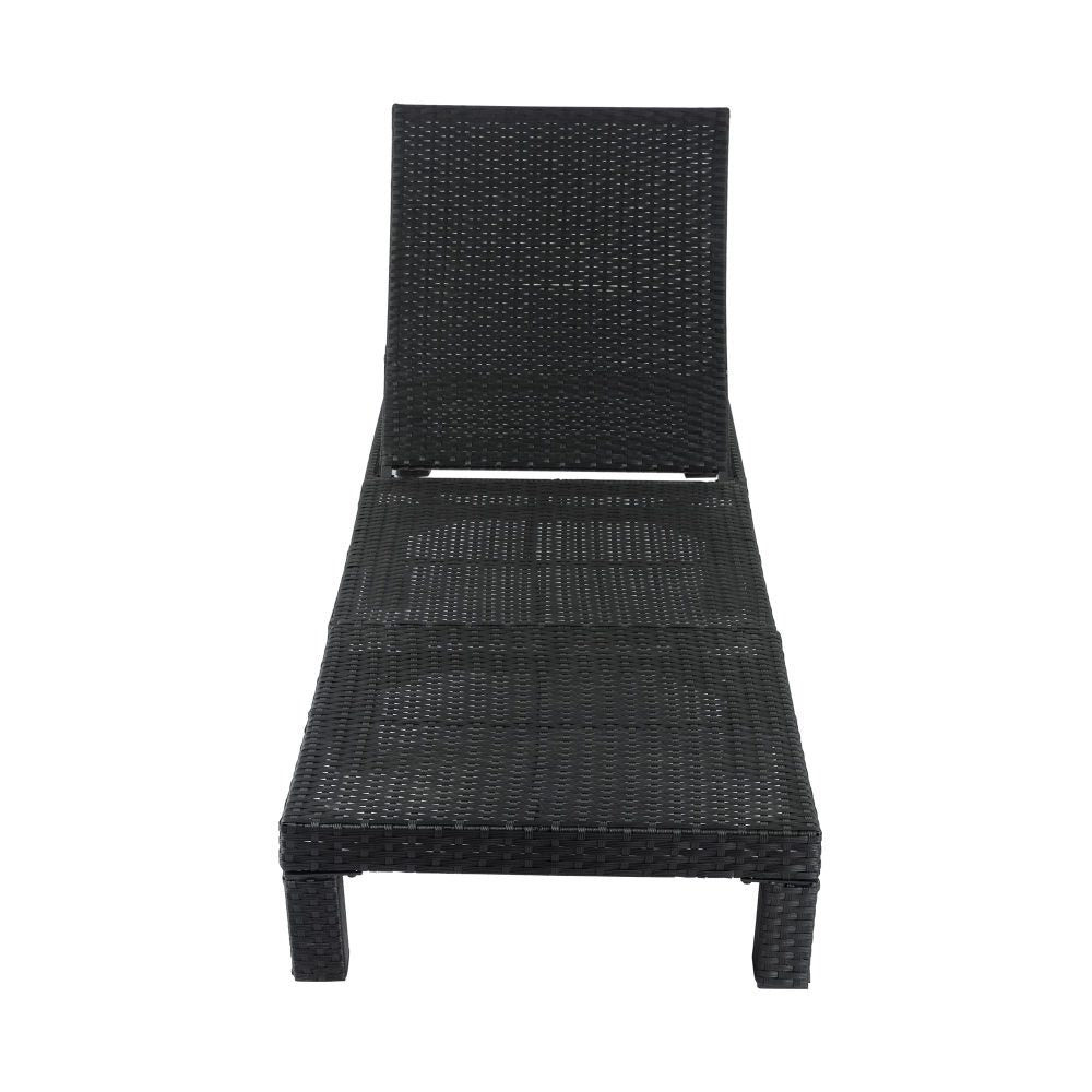 Rattan sunbed with woven black mesh seat and back, dark legs