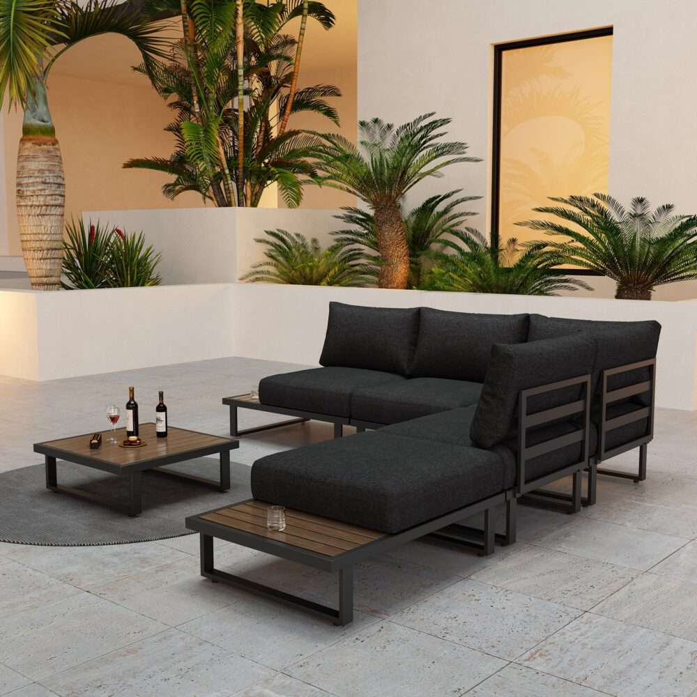 Modern Outdoor 7 Piece Lounge Set with Slatted Polywood Design Tables