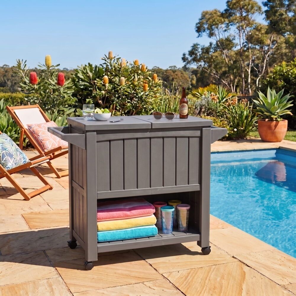 Taupe outdoor bar serving cart with cooler and two open shelves on caster wheels