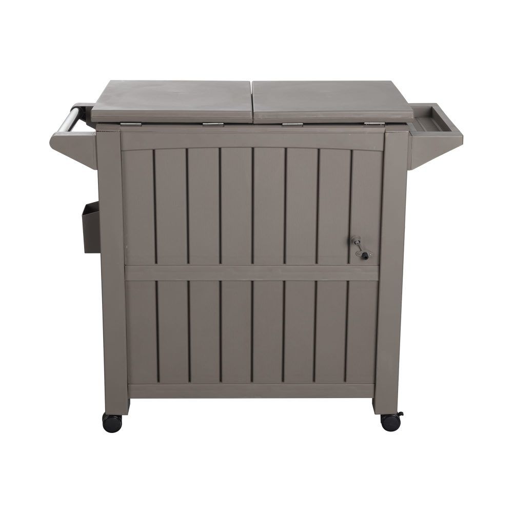 Taupe outdoor bar serving cart with cooler, double-lid top, and caster wheels