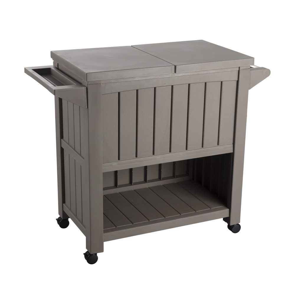 Taupe outdoor bar cart with cooler, open front compartment, and lower shelf on wheels