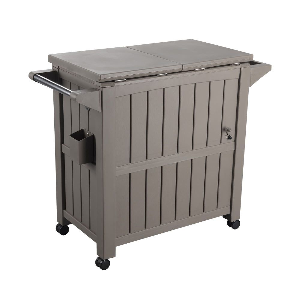 Taupe outdoor bar cart with cooler, side handle and open storage on caster wheels
