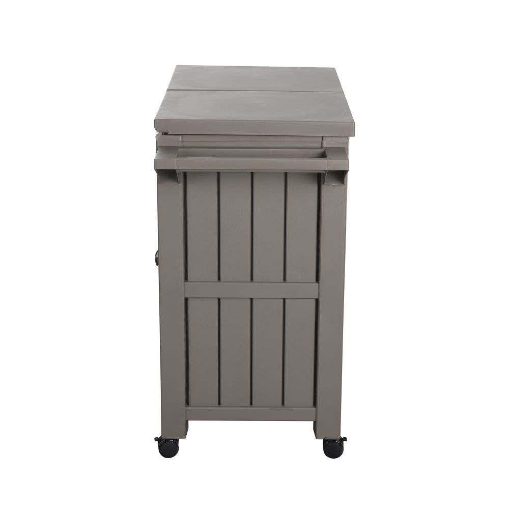 Taupe outdoor bar serving cart with cooler and flat top on caster wheels