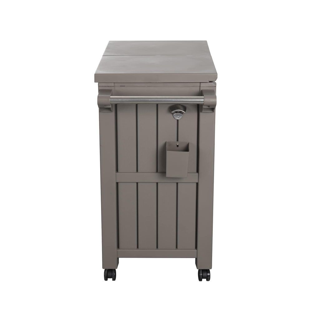 Taupe outdoor bar cart with cooler, front access panel, and caster wheels