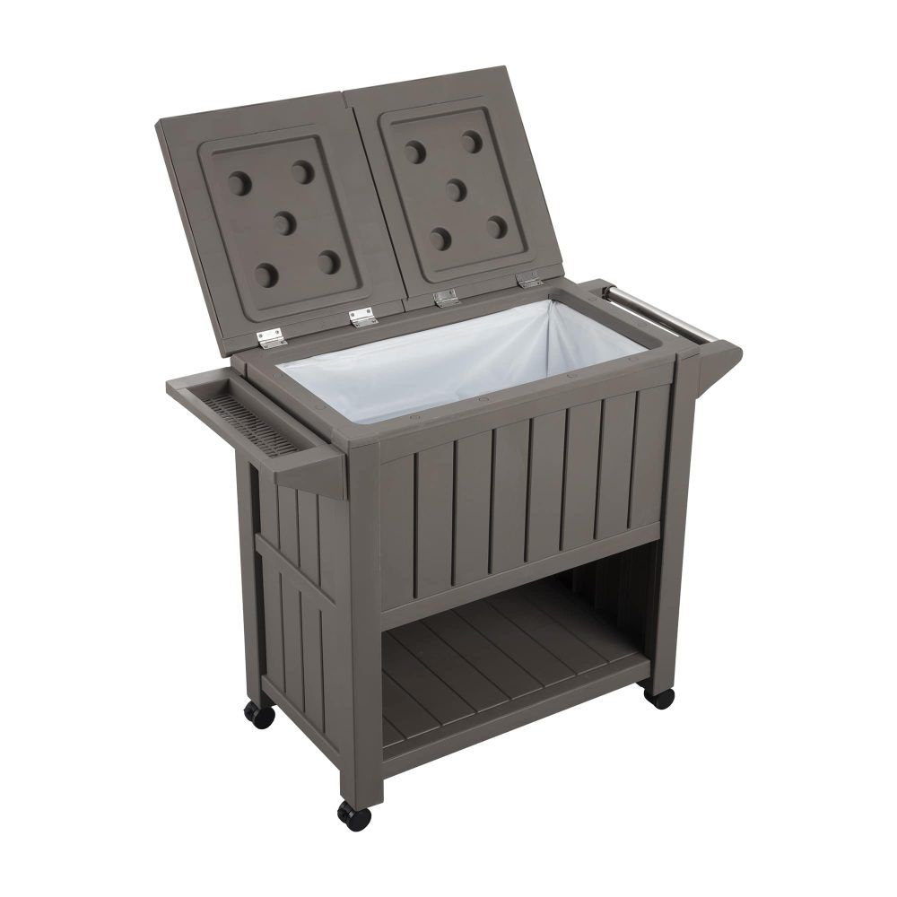 Taupe outdoor cooler cart with open lid and white liner inside