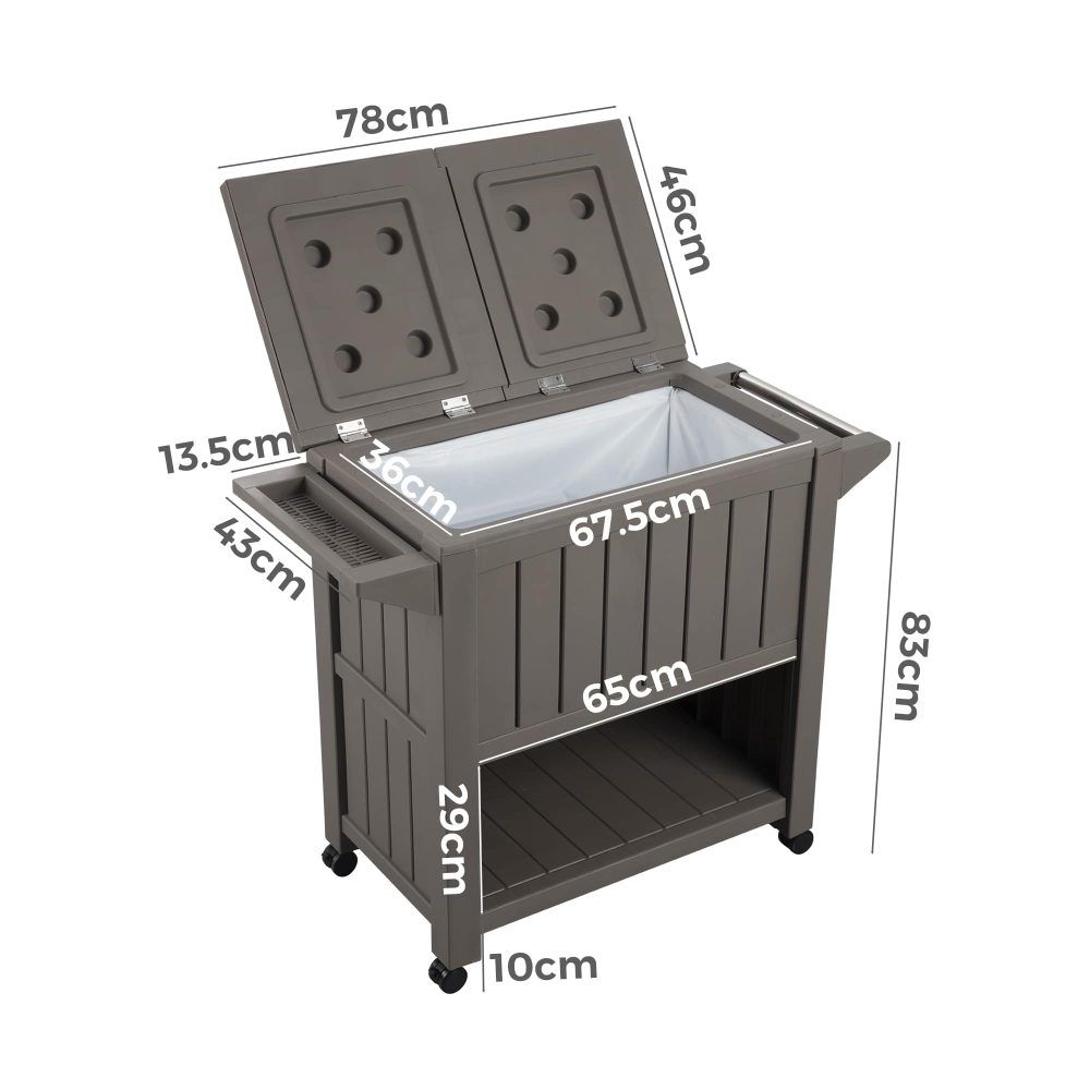 Taupe outdoor serving cart cooler with two-door top, open cooler box, and wheels