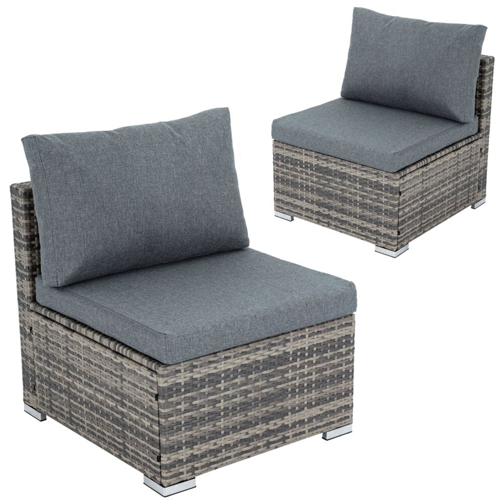 Grey armless outdoor sofa chair with padded backrest, seat cushion, and woven base