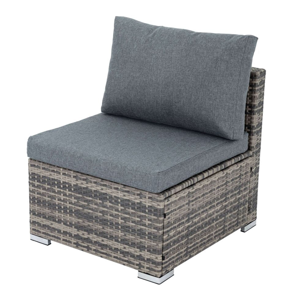 Grey armless outdoor sofa chair with tall back cushion and woven wicker-style base