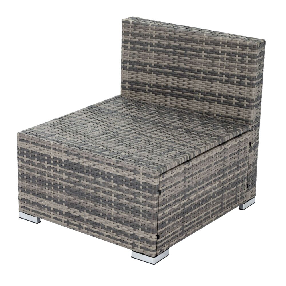 Grey armless outdoor sofa chair with cushioned seat, back panel, and woven frame