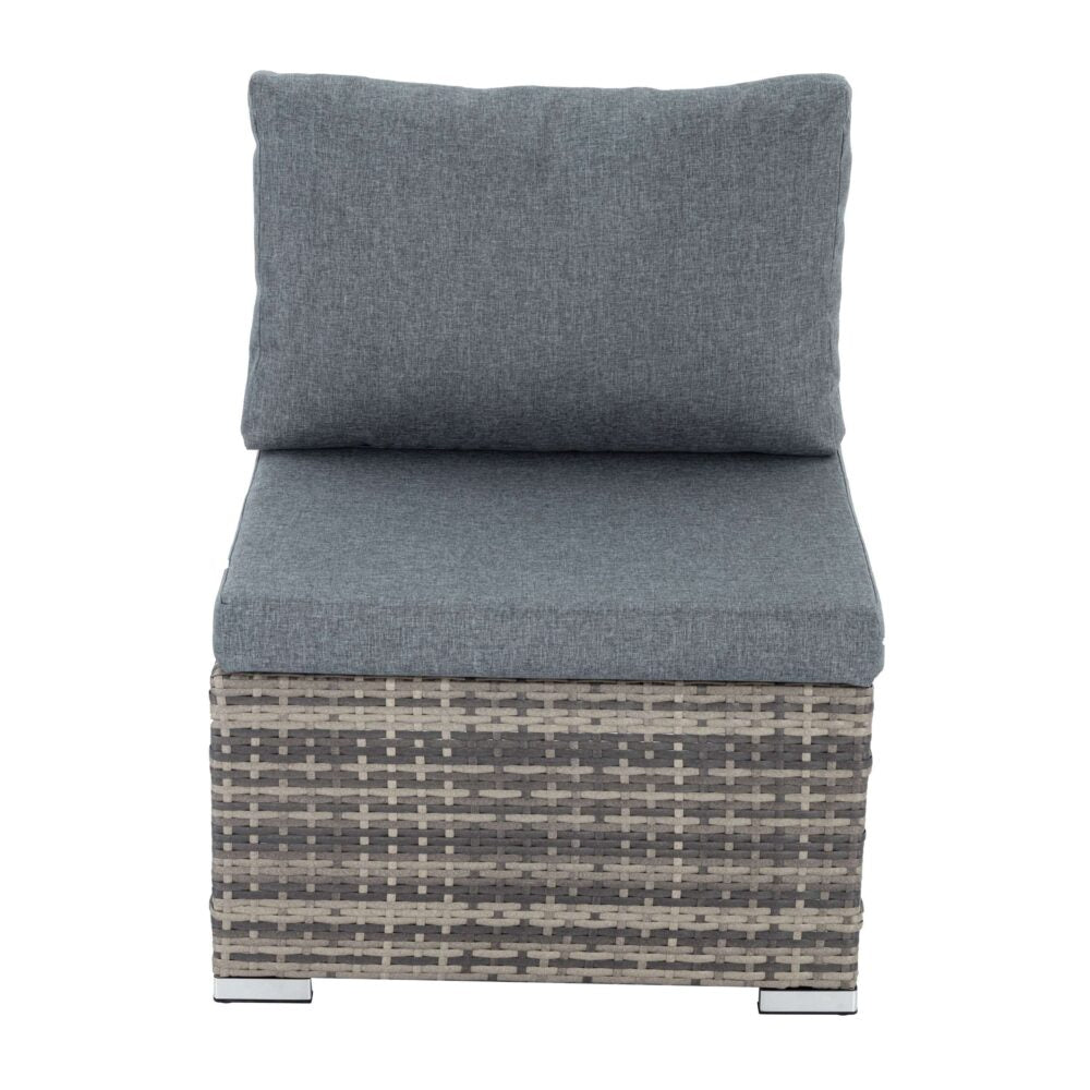 Grey outdoor armless sofa chair with back cushion, seat cushion, and patterned woven sides