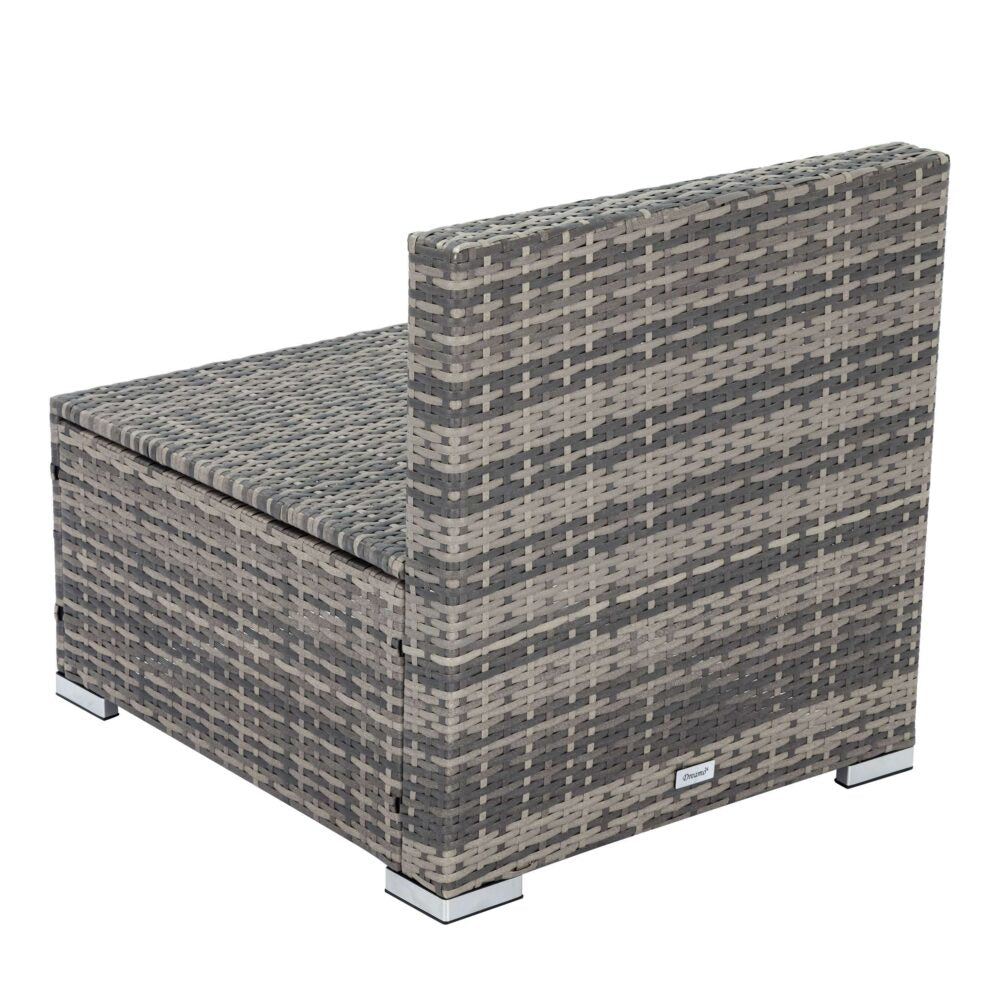 Grey outdoor armless sofa chair with corner shape, cushioned top, and woven base