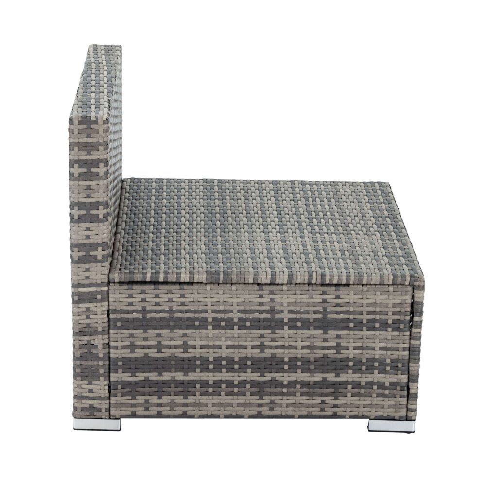 Grey outdoor armless sofa chair with grey seat cushion and woven side panel