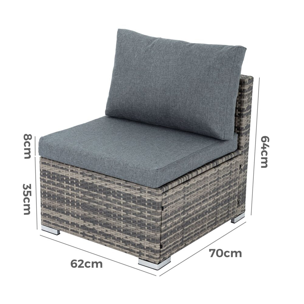 Grey armless outdoor sofa chair with size measurements: 70cm, 62cm, 84cm