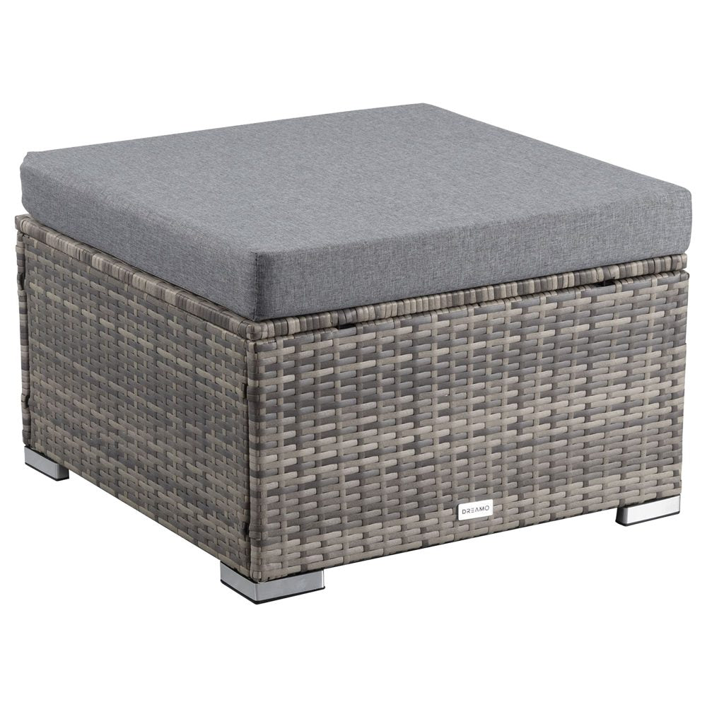 Outdoor wicker ottoman with grey fabric cushion and woven grey sides, square top.