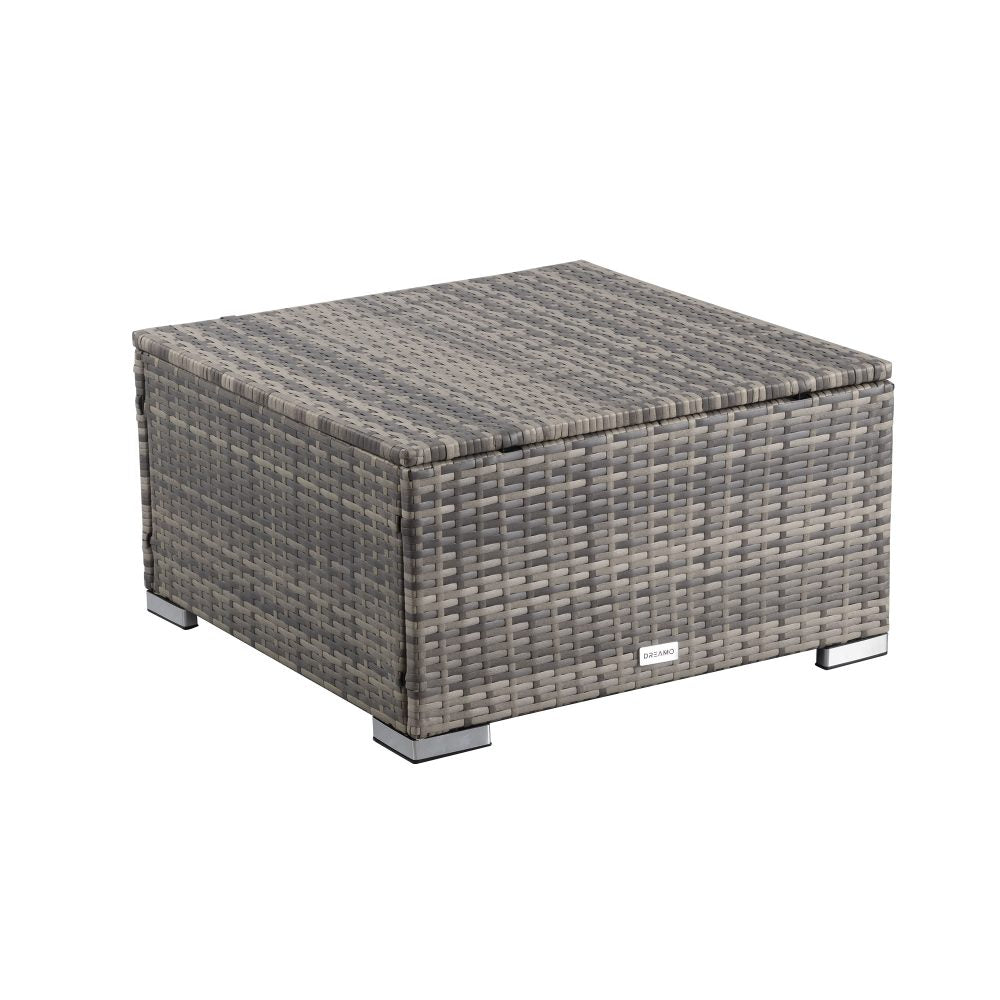 Grey wicker ottoman with square grey cushion and woven sides, small front label.