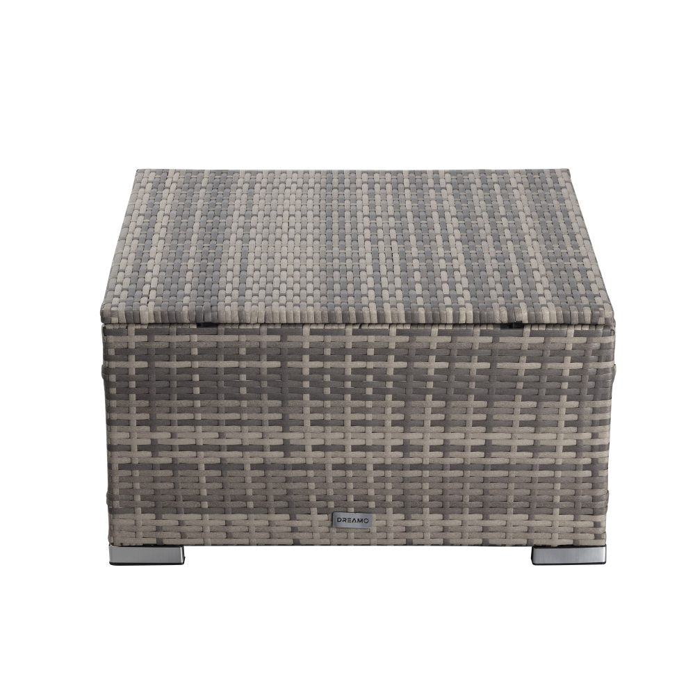 Grey woven outdoor ottoman with grey cushion top and stitched corners, visible front panel.
