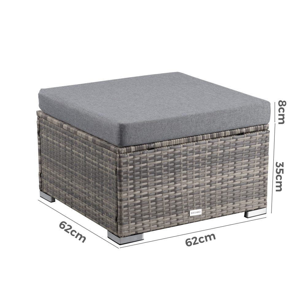 Grey wicker ottoman with cushion; size callouts shown in cm (62cm and 38cm).