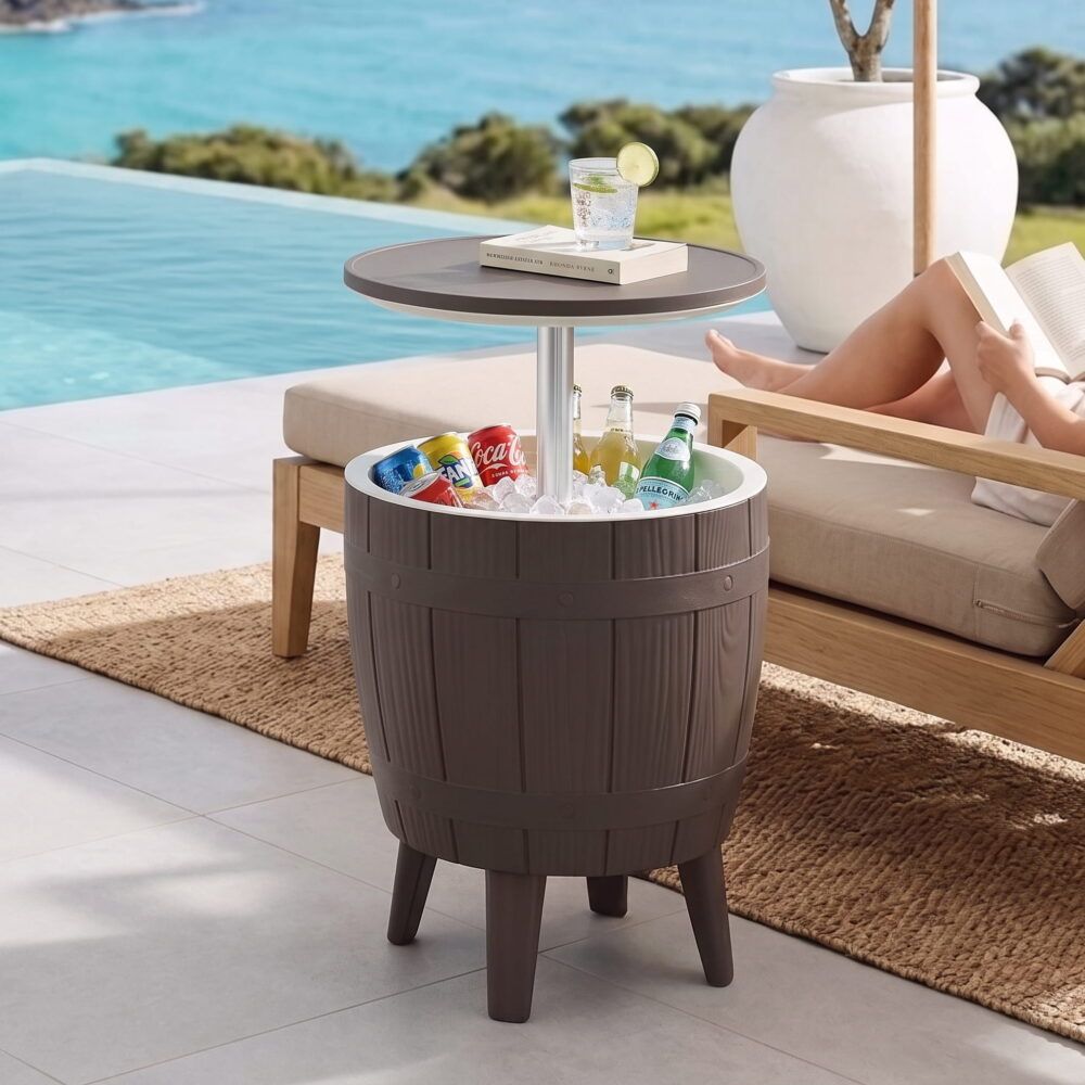 Taupe cooler table featuring a round top and integrated bucket with drinks.