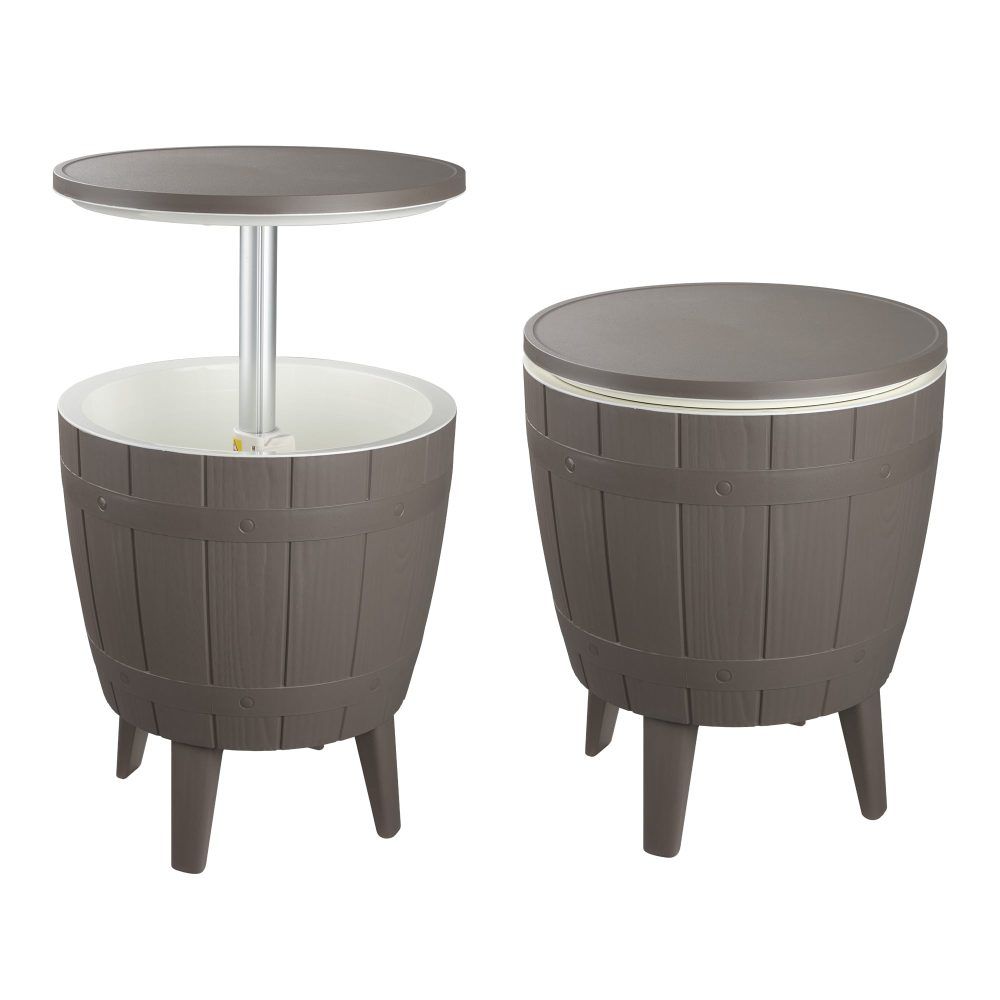 Set of two taupe cooler tables with round tops and built-in ice buckets.