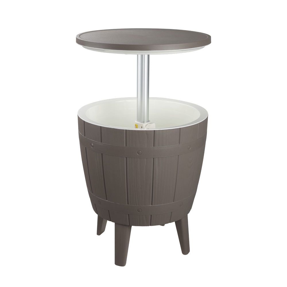 Taupe cooler table with round lid and central pole base, short four legs.