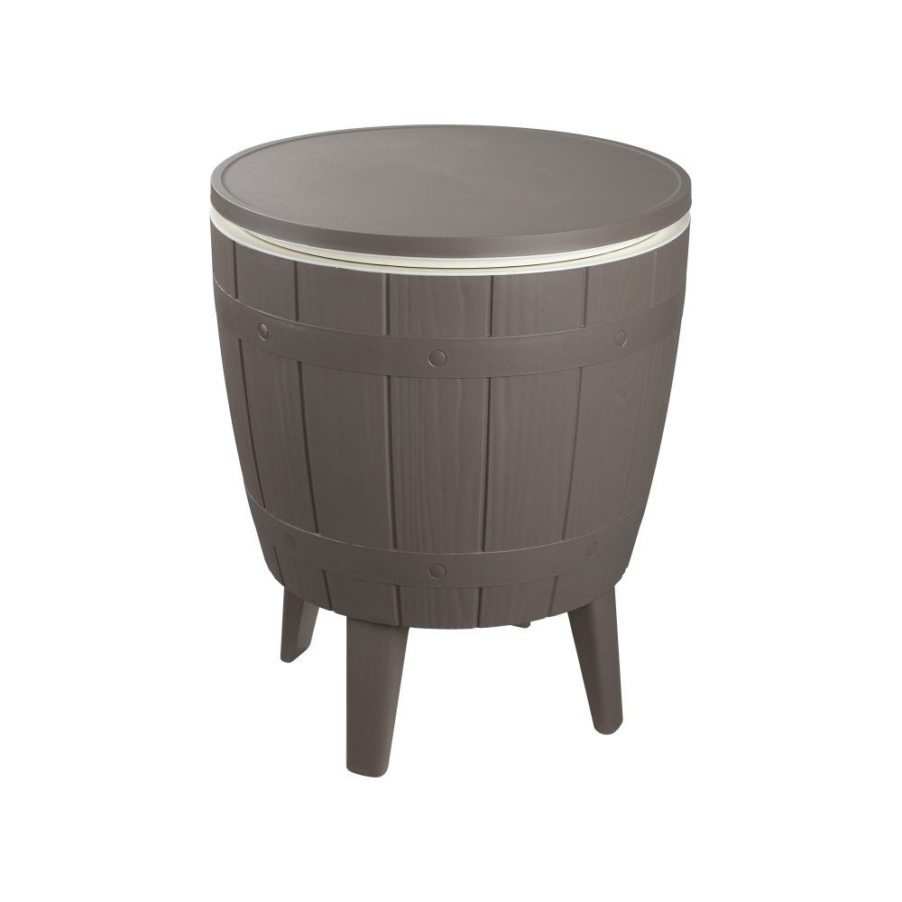 Taupe cooler table with smooth round top, skirted body, and four tapered legs.